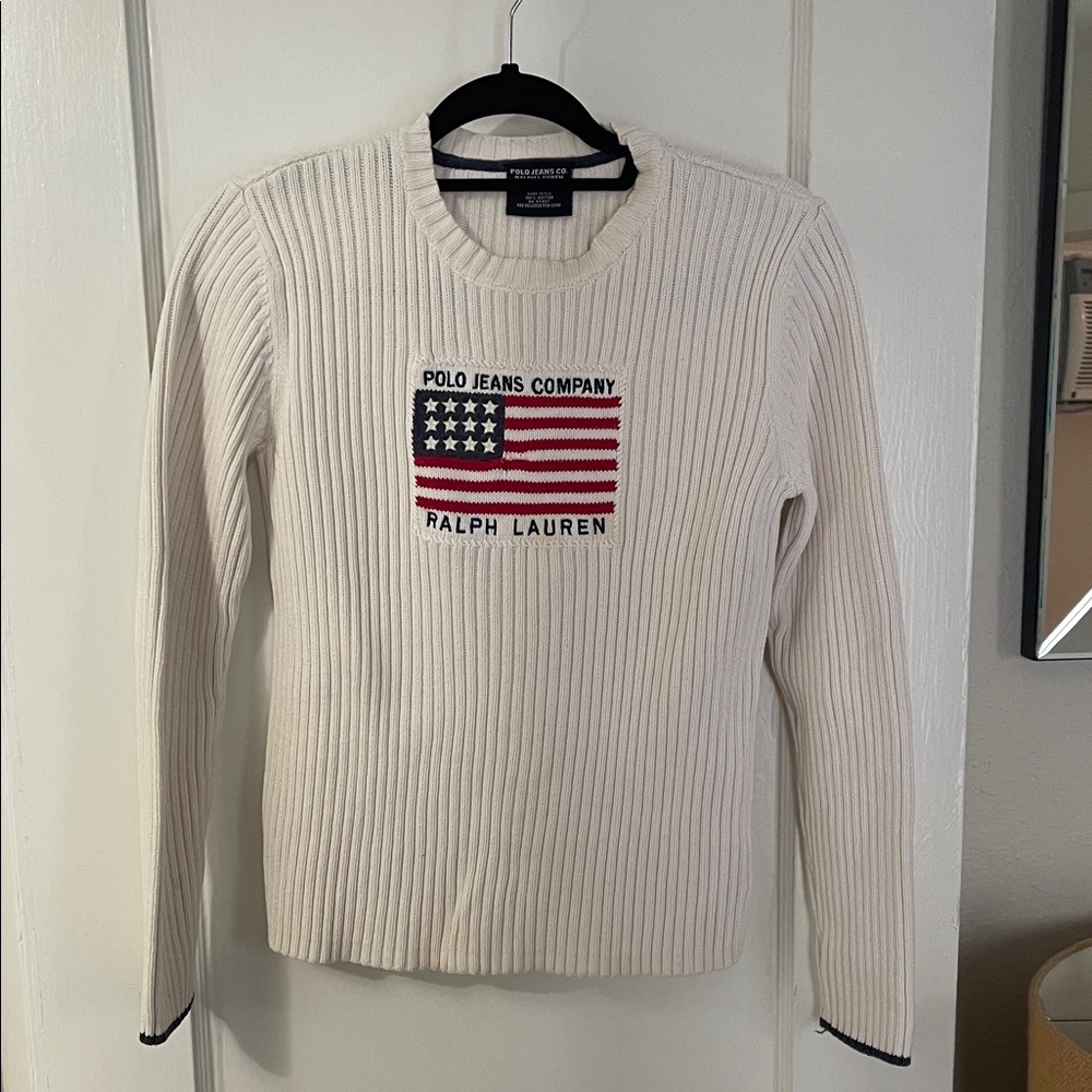 Polo by Ralph Lauren Cream Crewneck Sweater with Flag Patch